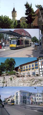 Collage aus Nordhäuser Stadtansichten: 1. Meyenburg-Museum, 2. Straßenbahn, 3. Gaststätte Felix, 4. Südharzgalerie