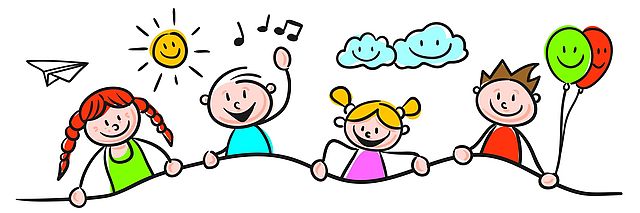 Illustration: Four happy children side by side, above them a paper airplane, a laughing sun, musical notes, laughing clouds, two laughing balloons