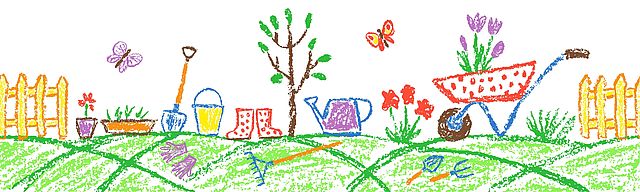 Drawing (wax painter) in the style of a child's drawing. Garden scene: wheelbarrow, rubber boots, butterflies, garden tools, a yellow fence on the left and right.
