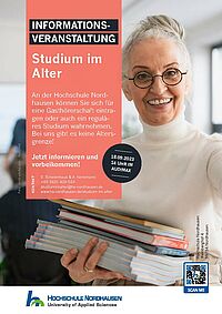 Plakat mit den Infos zur Info-Veranstaltung "Studium im Alter". Eine ältere Frau hält einen Stapel Bücher und Hefte.