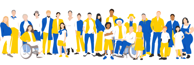 Grafik: Stilisierte Menschen verschiedenen Geschlechts, Alters, Hautfarbe, mit und ohne sichtbare Behinderung, stehen Seite an Seite. Sie tragen Kleidung in den Farben der Ukraine - gelb und blau.