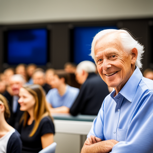 Portrait eines älteren Mannes mit weißen Haaren. Er trägt ein blaues Hemd, lächelt freundlich und sitzt in einem Hörsaal, im Hintergrund sitzen Studierende. 