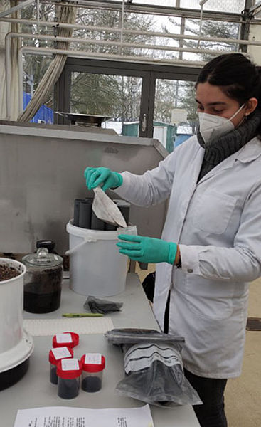 Sabina Skambraks bei der Probenahme von Klärschlammpyrolysaten