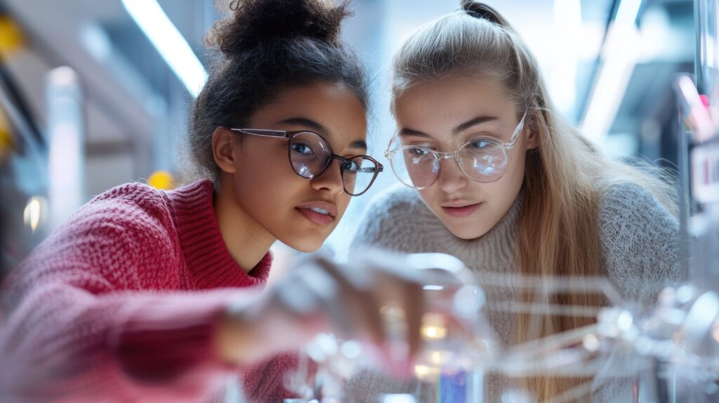 a group of girls looking at a glass