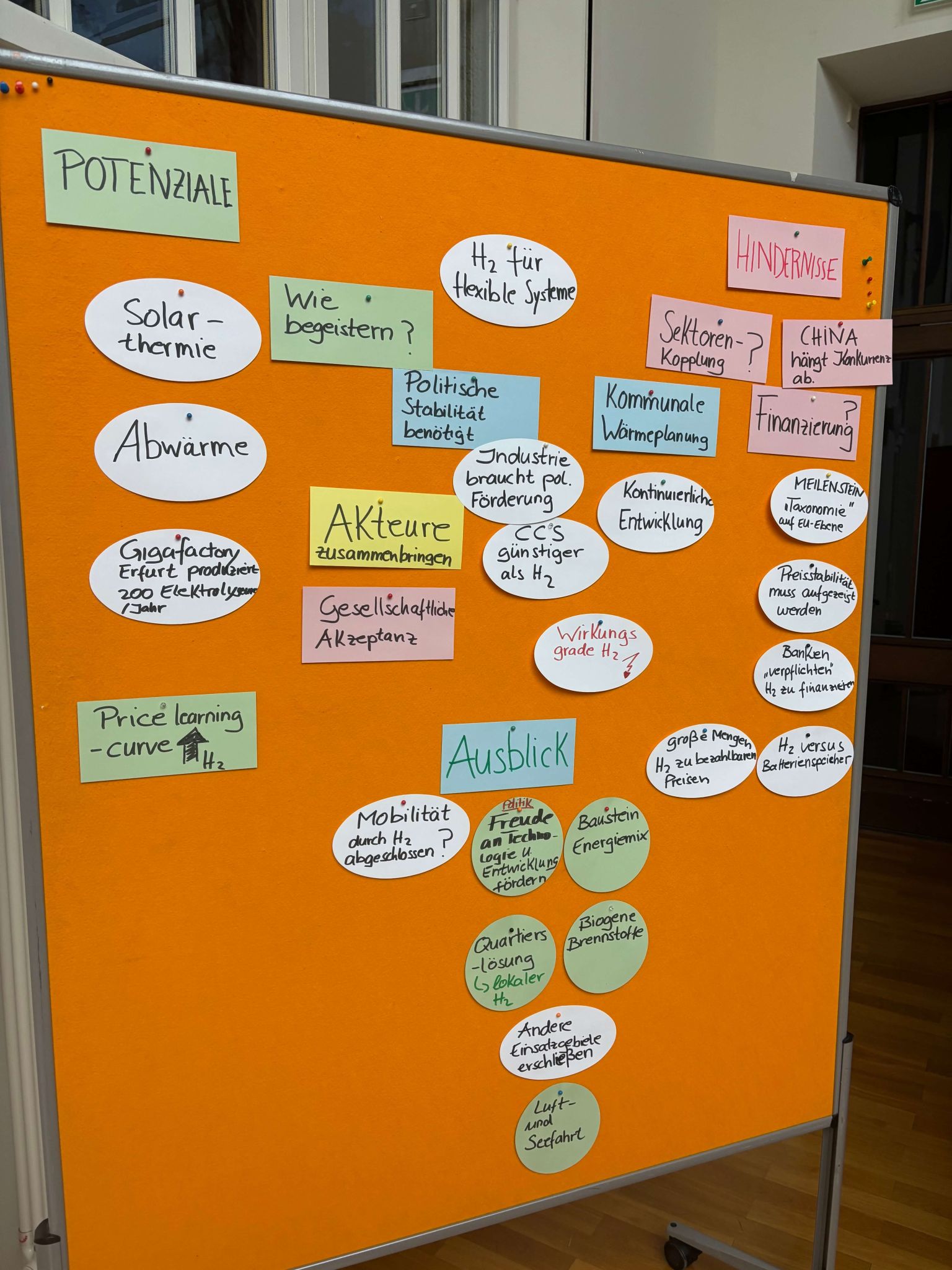 Orange Pinnwand mit handbeschrifteten Moderationskarten zu Potenzialen, Herausforderungen und Ausblicken rund um Wasserstoffnutzung, u. a. mit Begriffen wie „Solarthermie“, „Abwärme“, „H₂ für flexible Systeme“ und „Mobilität durch H₂ abgeschlossen?“.
