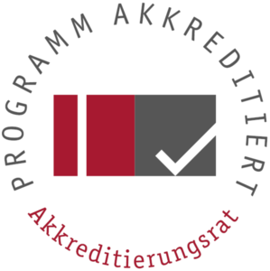 Round logo of the Accreditation Council with the text "Programme Accredited" in the upper semi-circle and "Accreditation Council" in the lower semi-circle. In the middle are two red bars, a grey field and a white tick symbolising successful programme accreditation.