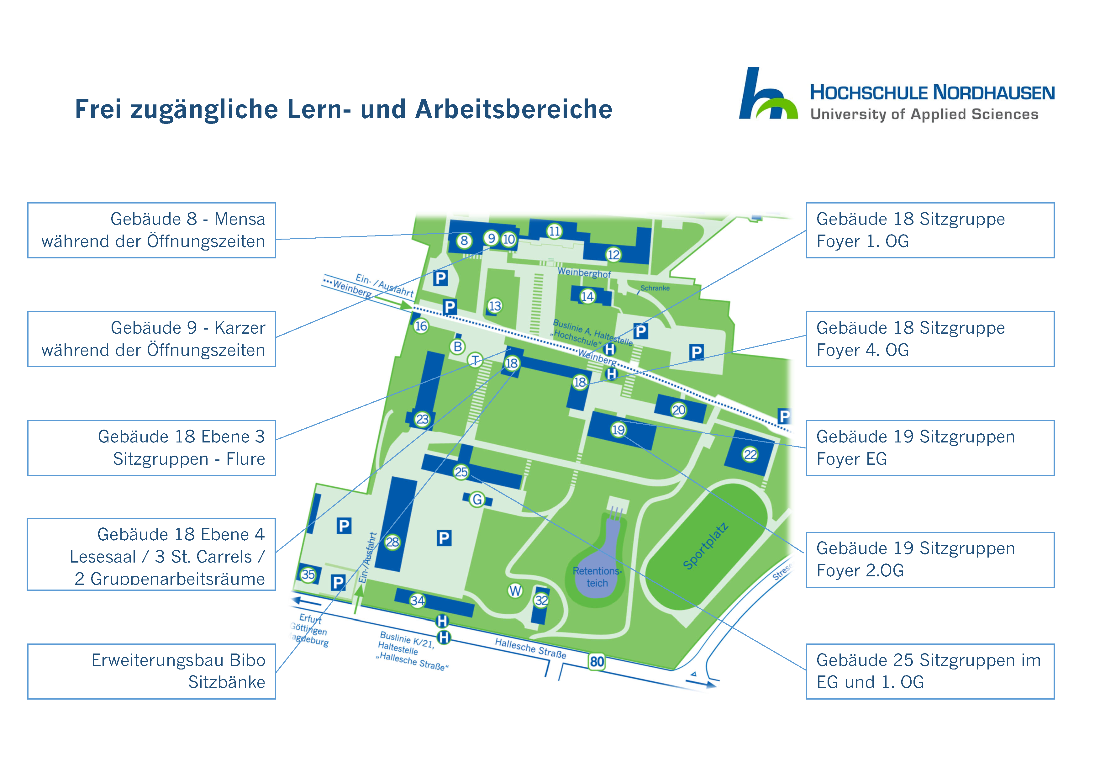 Campus map of Nordhausen University of Applied Sciences with markings for publicly accessible learning and working areas. These are located in buildings 8 (canteen), 9 (carcass), 18 (several floors with seating groups and group study rooms), 19 (seating groups on the ground floor and first floor), 25 (seating groups) and in the library extension with benches.
