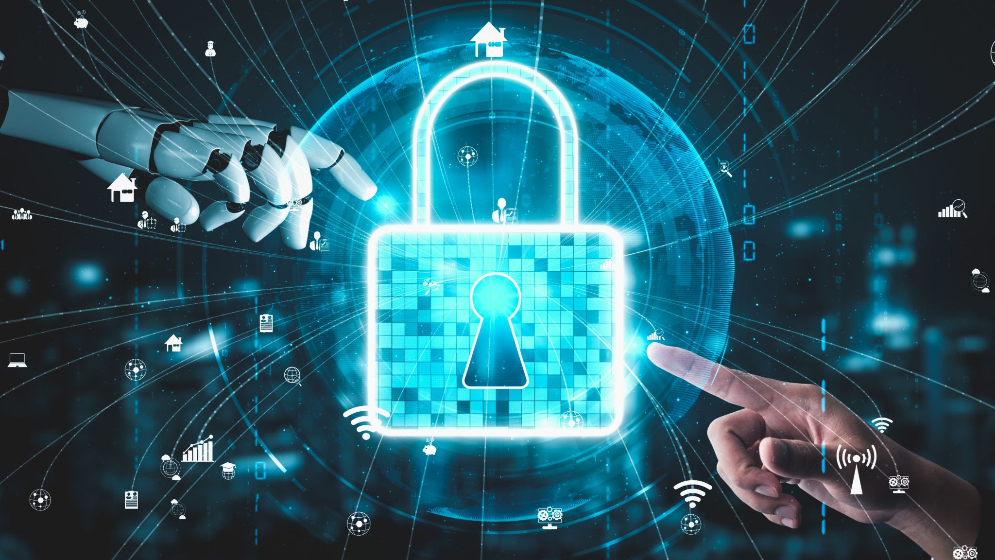 A robot hand and a human hand point to a digital, glowing padlock in front of a stylised globe, surrounded by network lines and symbols for data, smart home, cloud and security - symbolic of data protection and cybersecurity and the AKRIT research project.