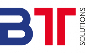 Logo with the letters BTT, with B in blue and TT in red. The word โSolutionsโ appears vertically on the right.