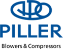 Blue Piller logo with stylised, elliptical symbol above the lettering โPILLERโ in capital letters. Underneath in black: Blowers & Compressors