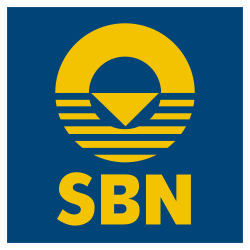 Yellow logo on a blue background with a circular symbol and stylised sun above waves and the letters โSBNโ underneath.