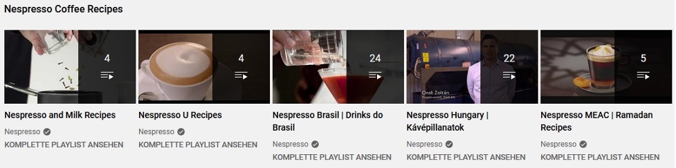 Das Bild zeigt fünf nebeneinanderliegende Video-Playlists unter der Überschrift „Nespresso Coffee Recipes“