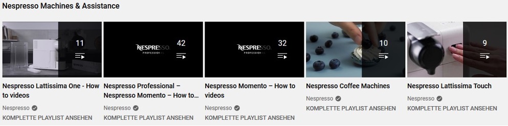 Screenshot der Nespresso YouTube-Playlists für Maschinen und Hilfestellungen, inklusive 'How-to'-Videos für die Modelle Lattissima und Momento.
