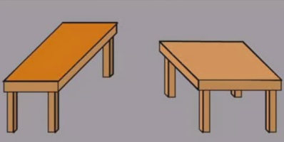 Illustration der Shepard-Tische: Zwei perspektivisch gezeichnete Tische, deren Tischplatten trotz identischer Form unterschiedlich lang und breit wirken. Linker Tisch: Er ist vertikal ausgerichtet und wirkt wie ein langer, schmaler Buffettisch. Die schmale Seite zeigt nach vorne. Rechter Tisch: Er ist horizontal gedreht und wirkt fast quadratisch und deutlich breiter als der linke Tisch.
