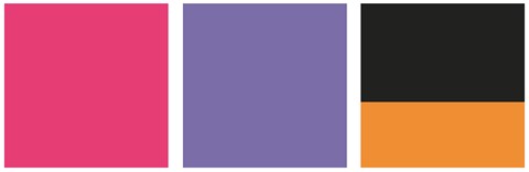 Drei quadratische Farbfelder (Magenta, Lila, Schwarz-Orange) zur Demonstration der Markenwiedererkennung allein durch Farbe