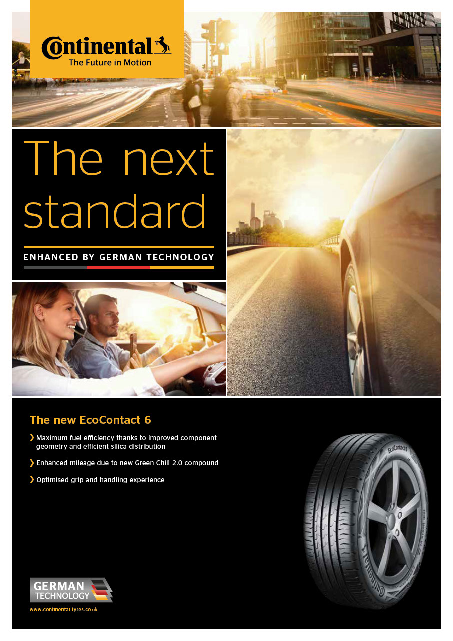 Die Anzeige ist in mehrere Segmente unterteilt. Im oberen Teil sieht man das gelbe Continental-Logo und eine Stadtstraßenszene. Darunter steht links der Slogan „The next standard – ENHANCED BY GERMAN TECHNOLOGY“. Rechts daneben ist eine sonnige Landstraße aus der Fahrerperspektive zu sehen, links davon ein lächelndes Paar im Auto. Der untere Teil ist schwarz und zeigt einen freigestellten Reifen mit Felge sowie drei Bulletpoints zu Kraftstoffeffizienz, Laufleistung und Grip.
