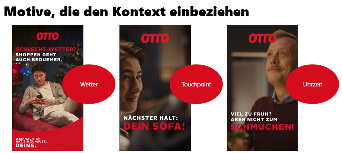 Three advertising motifs from OTTO to illustrate contextual marketing, based on the factors weather, touchpoint (location) and time of day The image shows three vertical advertising banners next to each other, each connected by a red oval with the corresponding context factor.