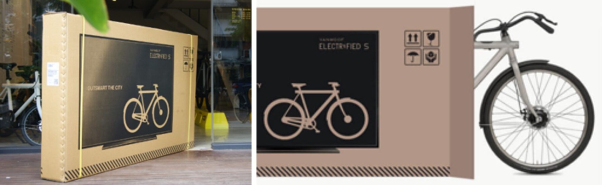 A bicycle manufacturer's shipping carton printed with the image of a flat-screen TV to encourage more careful handling during transport.