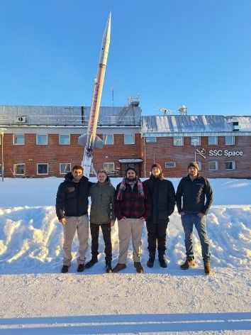 Student team from the BEXUS-ALBEDO space experiment at Nordhausen University of Applied Sciences in front of a sounding rocket at the Esrange Space Centre in Sweden