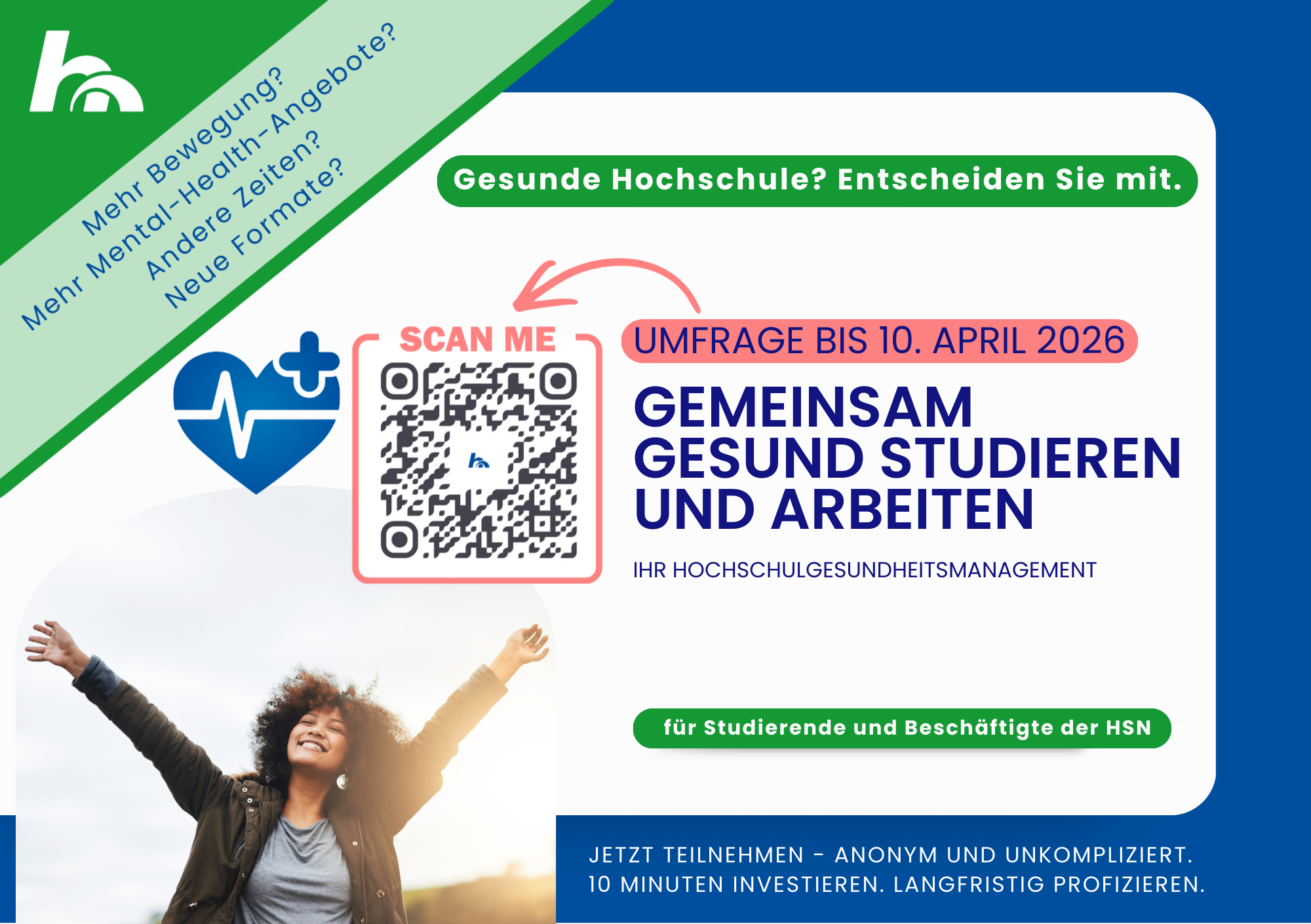 Graphic of the survey of the University Health Management of Nordhausen University of Applied Sciences with QR code and call โStudy and work healthy togetherโ - anonymous participation until 10 April 2026 for students and employees.