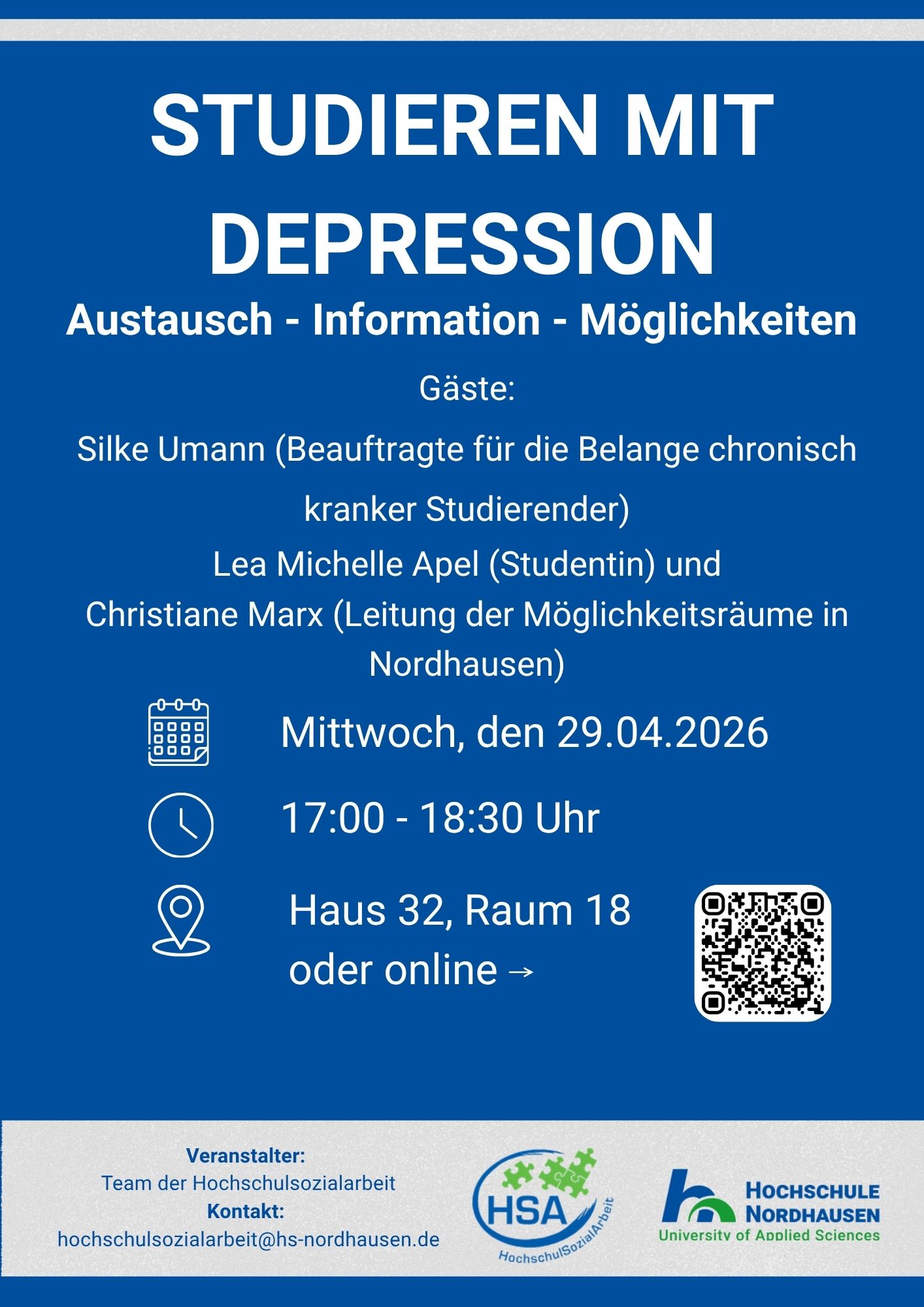 Veranstaltungsankündigung „Studieren mit Depression“ an der Hochschule Nordhausen mit Informationen zu Austausch, Unterstützungsmöglichkeiten sowie Termin am 29. April 2026.