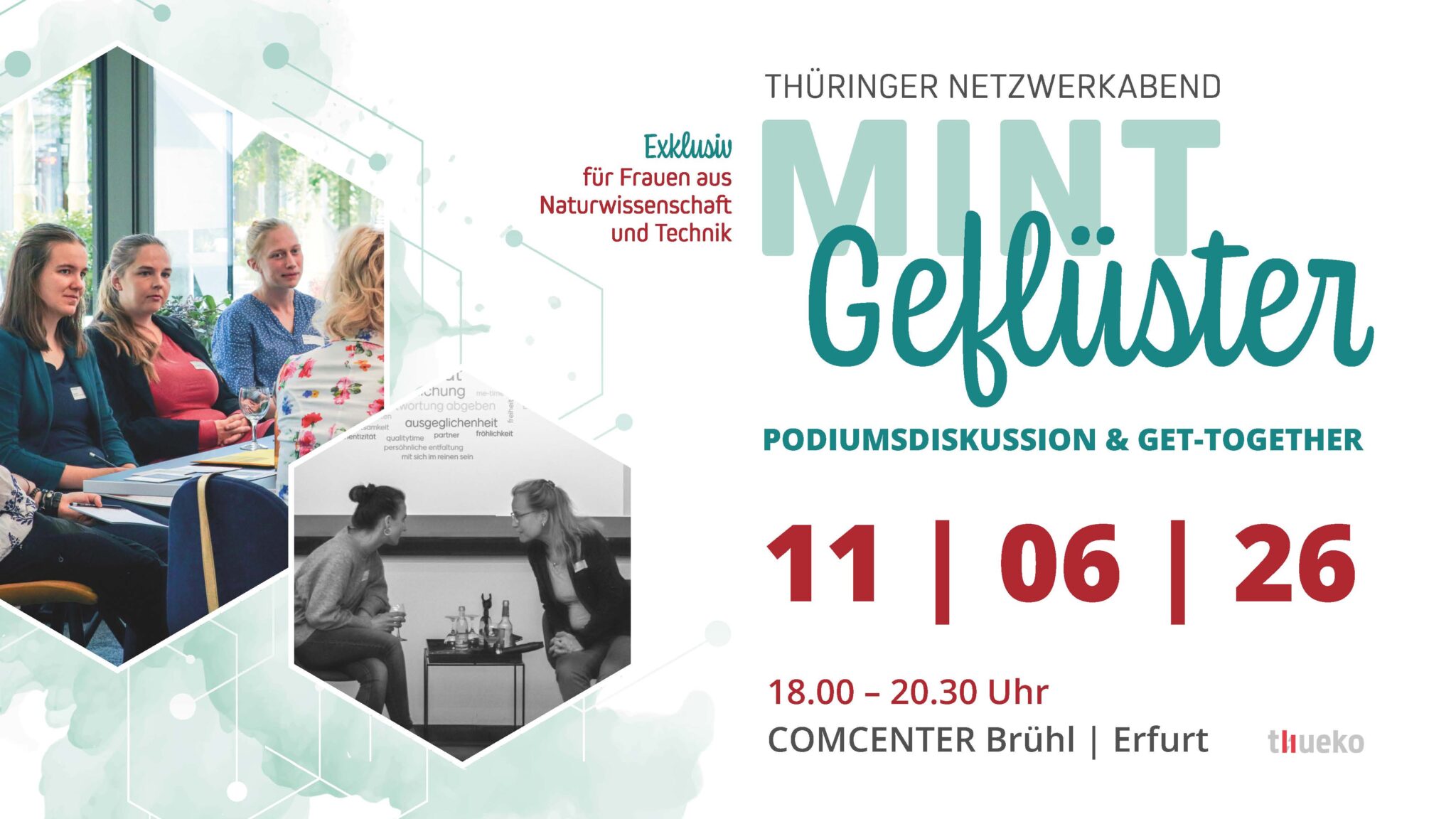 Veranstaltungsplakat „MINT Geflüster“ für einen Thüringer Netzwerkabend exklusiv für Frauen aus Naturwissenschaft und Technik mit Podiumsdiskussion und Get-together. Termin ist der 11.06.2026 von 18:00 bis 20:30 Uhr im COMCENTER Brühl in Erfurt
