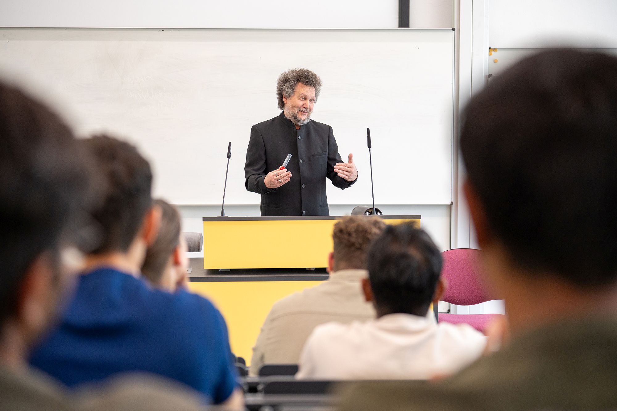 Professor spricht vor einer Gruppe Studierender.